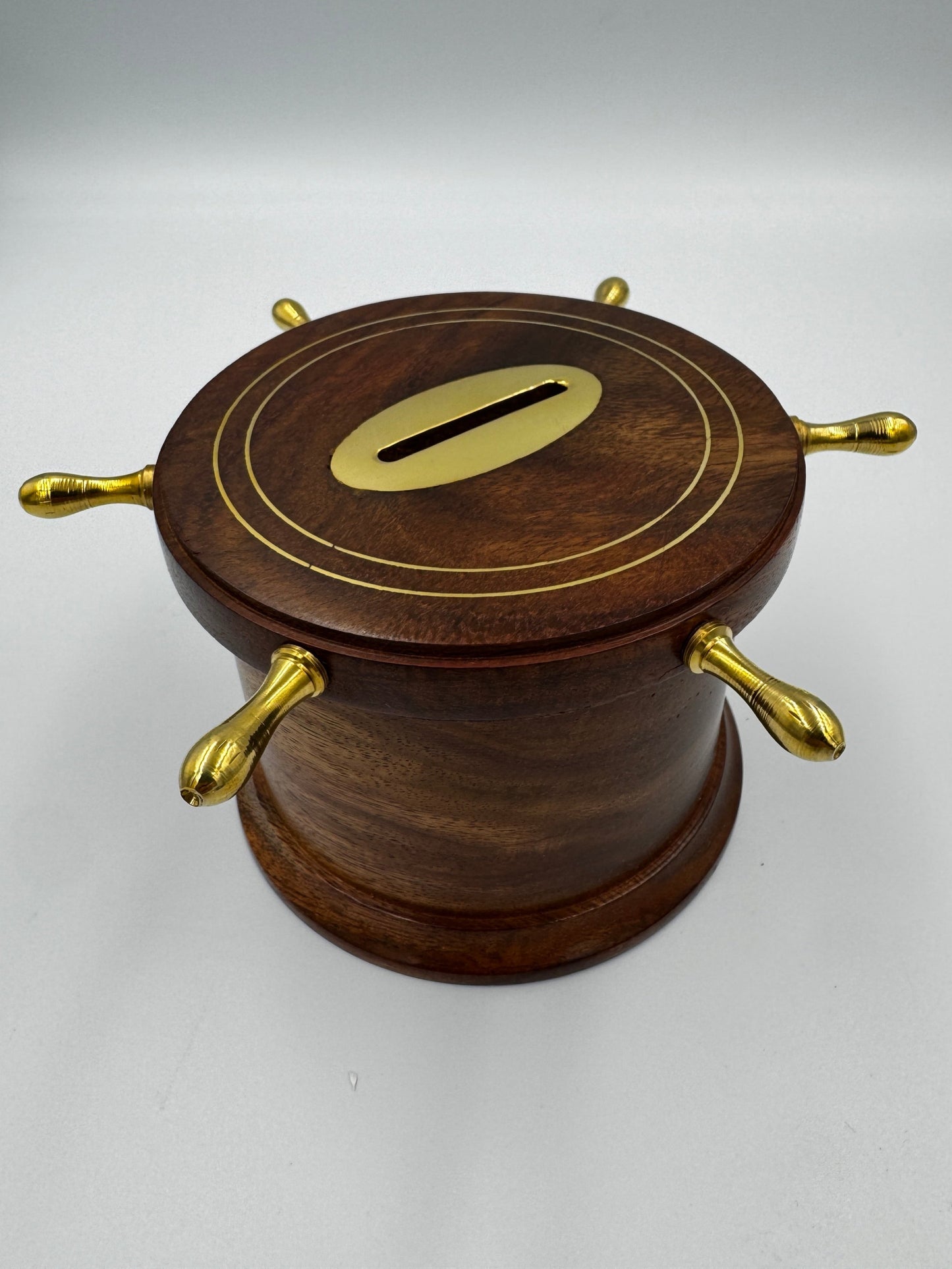 Spardose-Steuerrad Sparbüchse Holz/Messing Ø=11cm